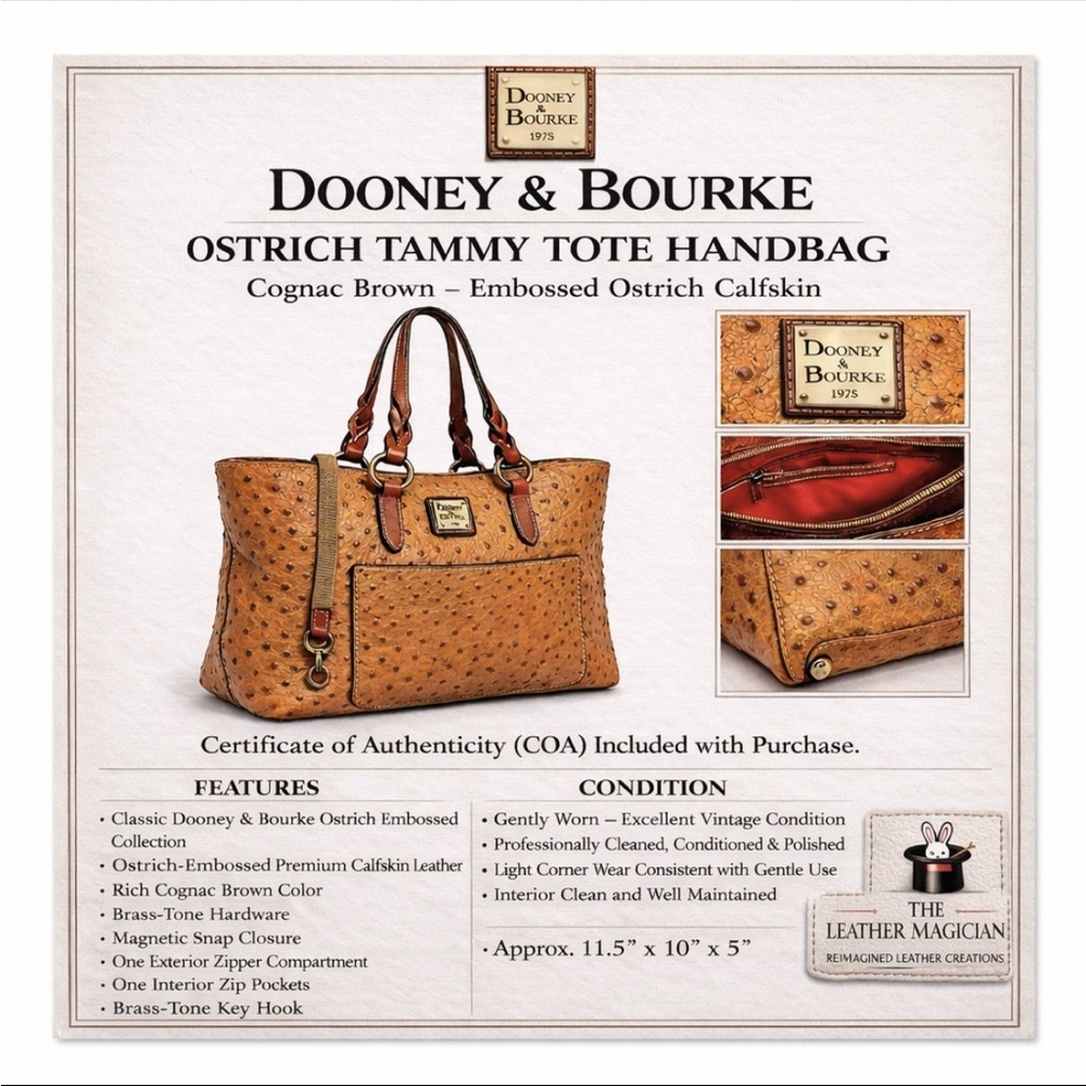 Dooney & Bourke Cognac Brown Ostrich-Embossed Tammy Tote- NWOT+COA